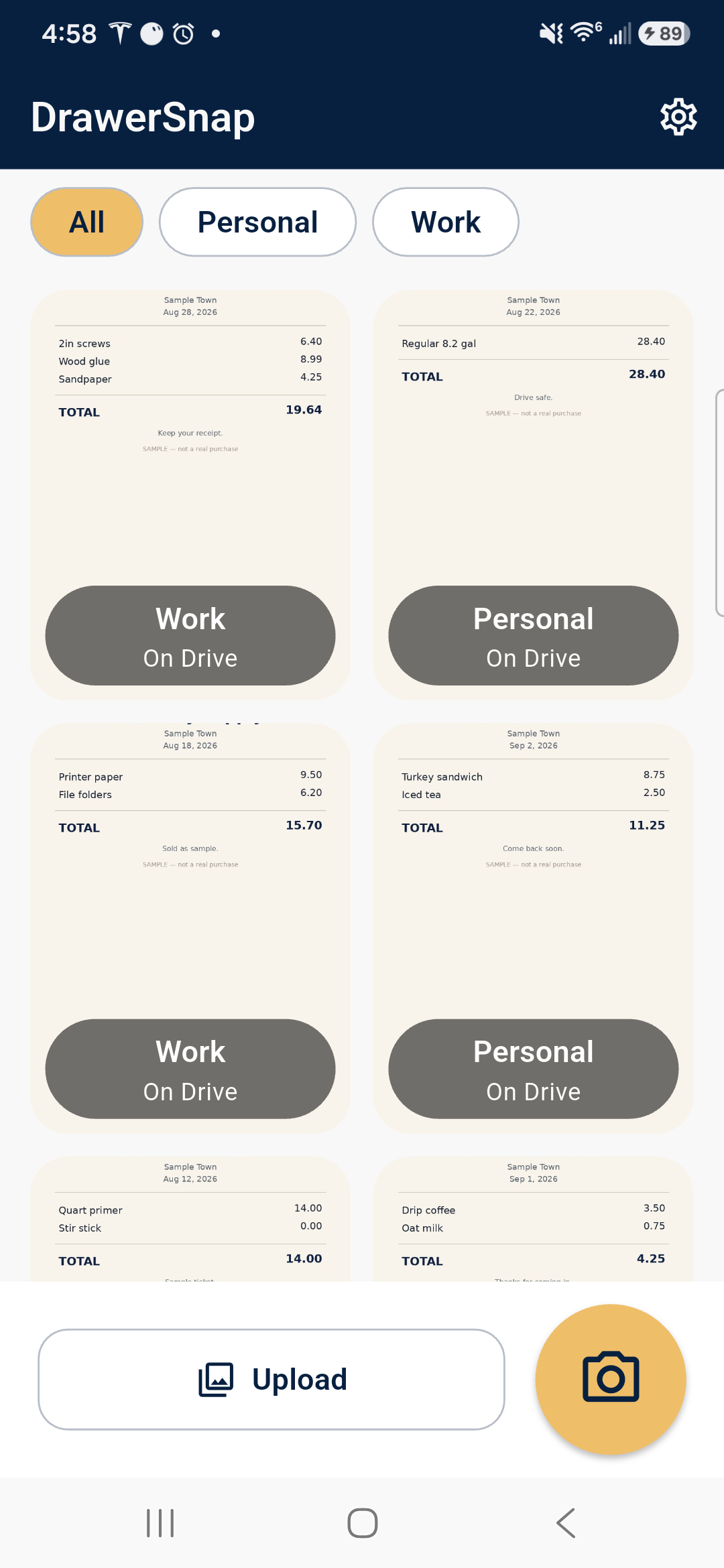 DrawerSnap All drawer with sample receipts in Personal and Work. Upload and a camera button.