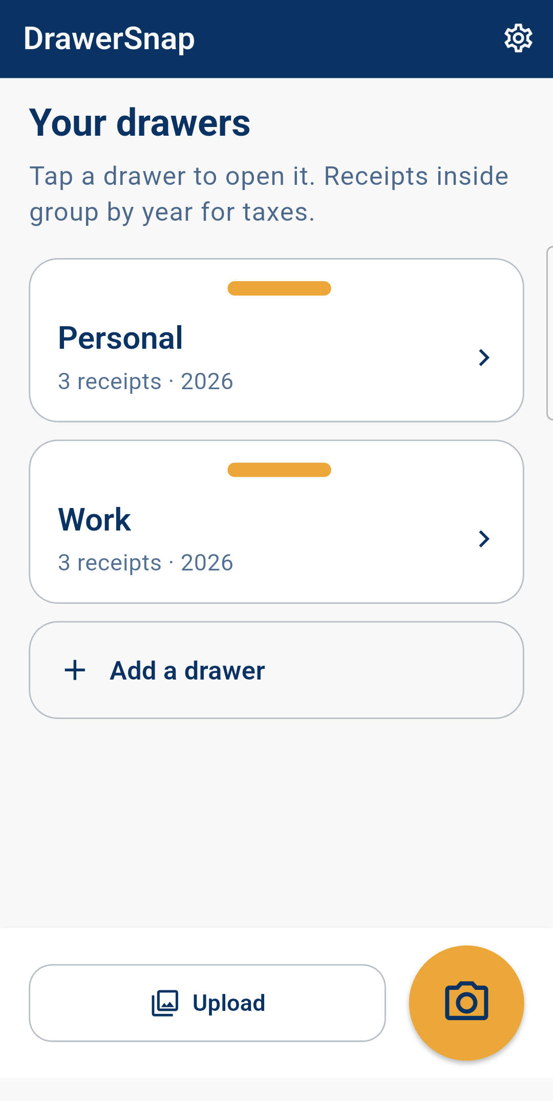 DrawerSnap home: Your drawers with Personal and Work cards. Upload and a camera button.