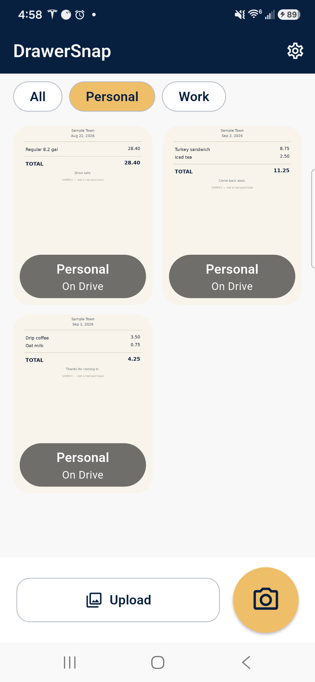 DrawerSnap Personal drawer with sample coffee, lunch, and fuel tickets.